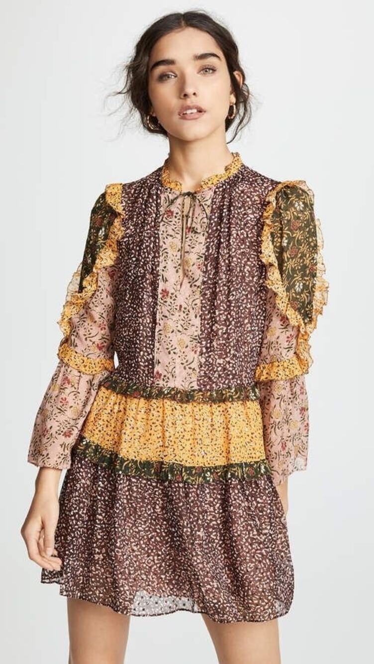 Ulla Johnson Essie Boho Patchwork Floral Print Bell Long Sleeve Tie Mini Dress 6